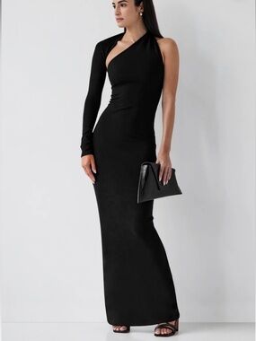 Marcella NYC Manhattan One-Shoulder Black Evening Dress with Single Long Sleeve